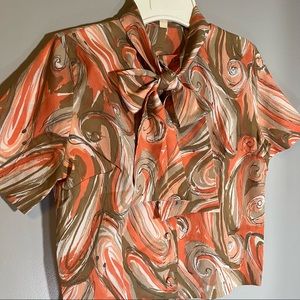 Vintage tie-collar blouse peach & tan medium